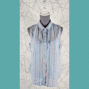 Core Life Blue Striped 100% Linen Button Front Tank